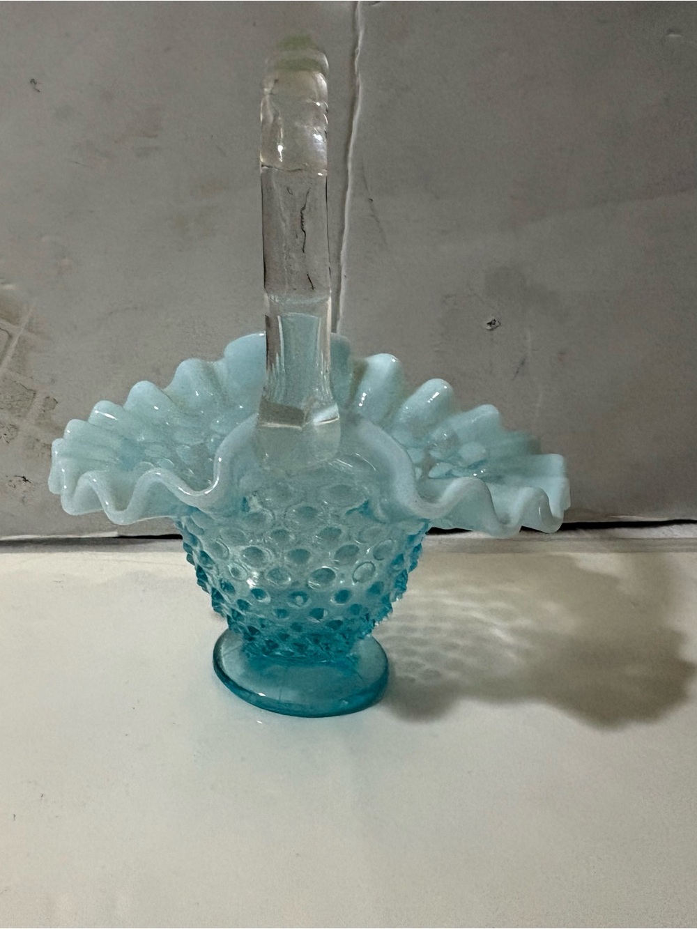 Fenton Art Glass Basket Aqua Blue Opalescent Hobnail Crimped Handle Vintage 6”